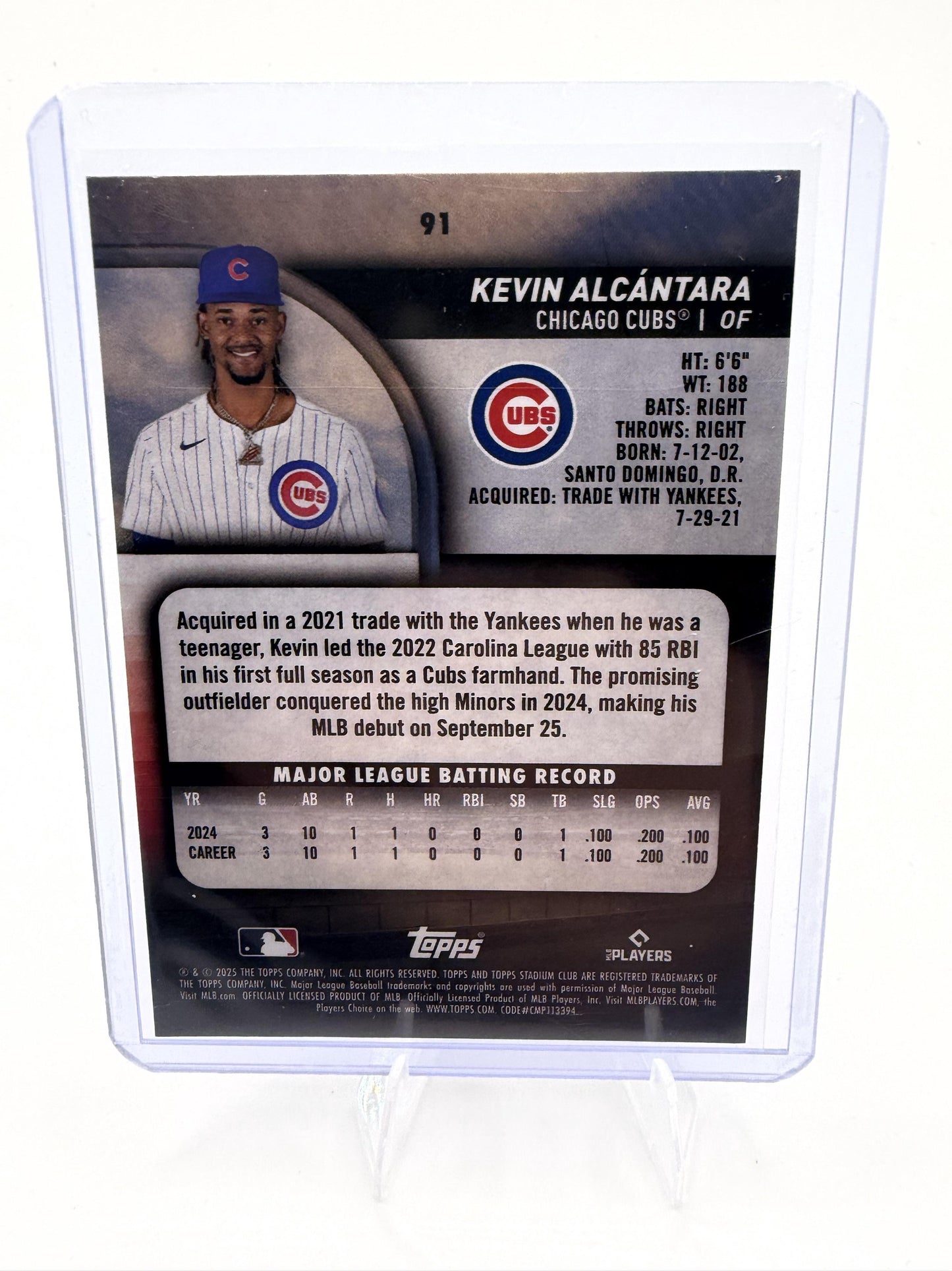 2025 Stadium Club Kevin Alcántara Card RC Chicago Cubs #91