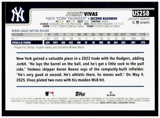 2025 Topps Update Jorbit Vivas Card RC Yankees