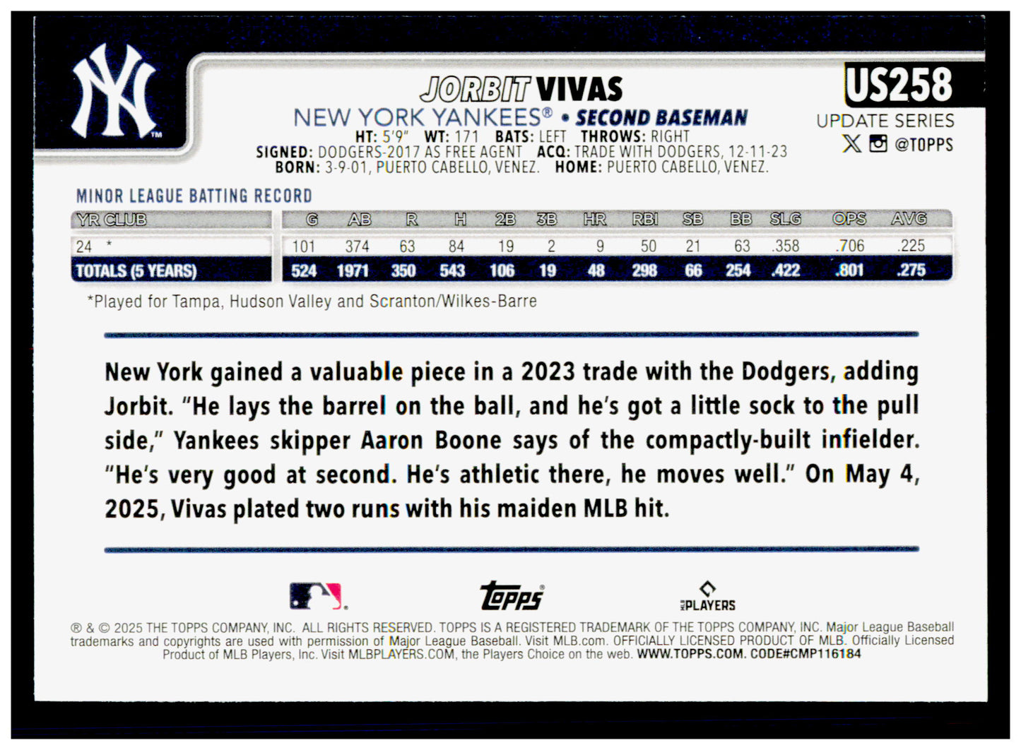 2025 Topps Update Jorbit Vivas Card RC Yankees