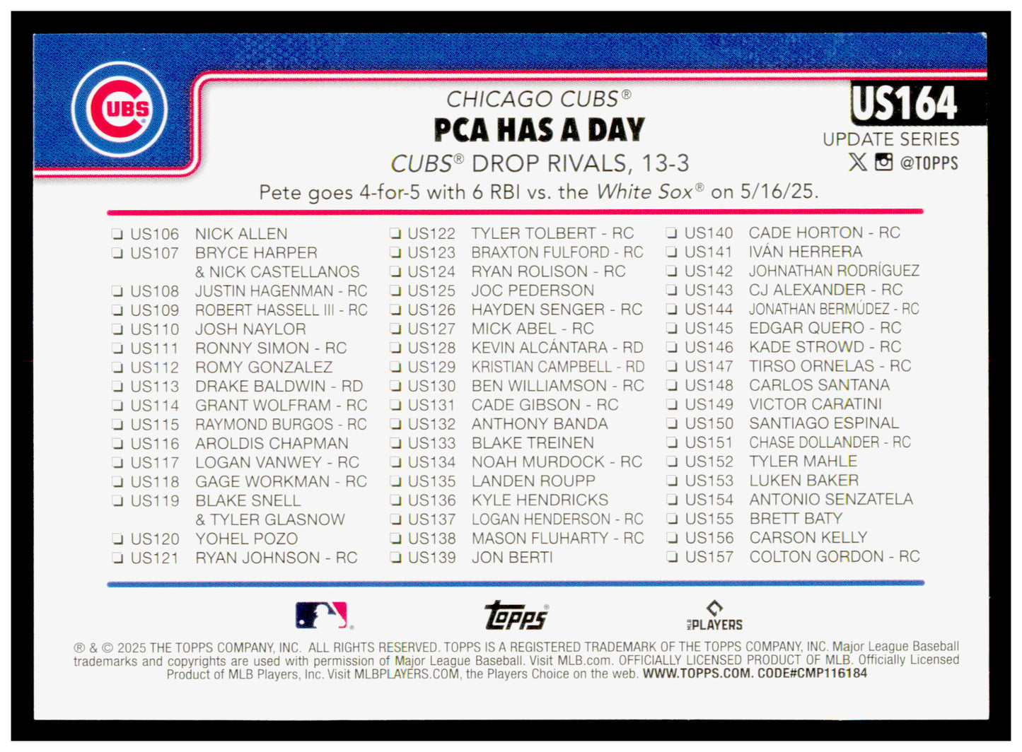 2025 Topps Update PCA Has A Day Card Chicago Cubs #US164