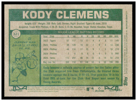 2026 Topps Heritage Kody Clemens Card Minnesota Twins #321