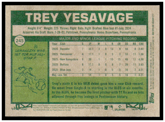 2026 Topps Heritage Trey Yesavage Card RC Toronto Blue Jays #245