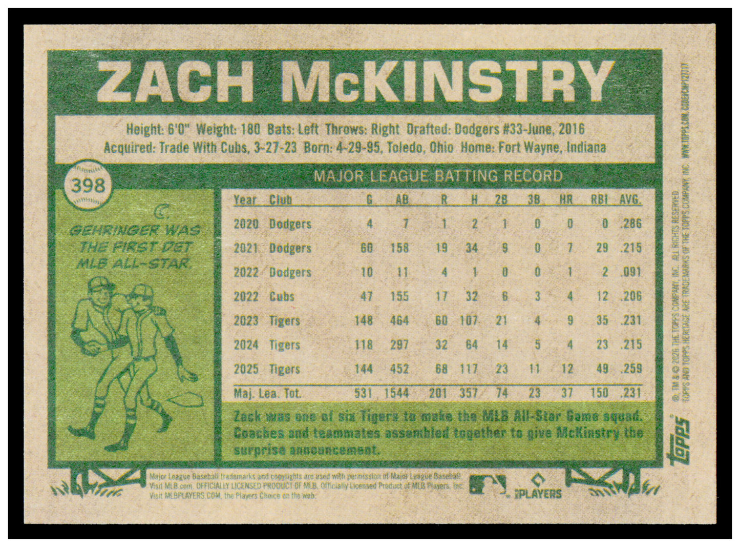 2026 Topps Heritage Zach McKinstry Card Detroit Tigers #398
