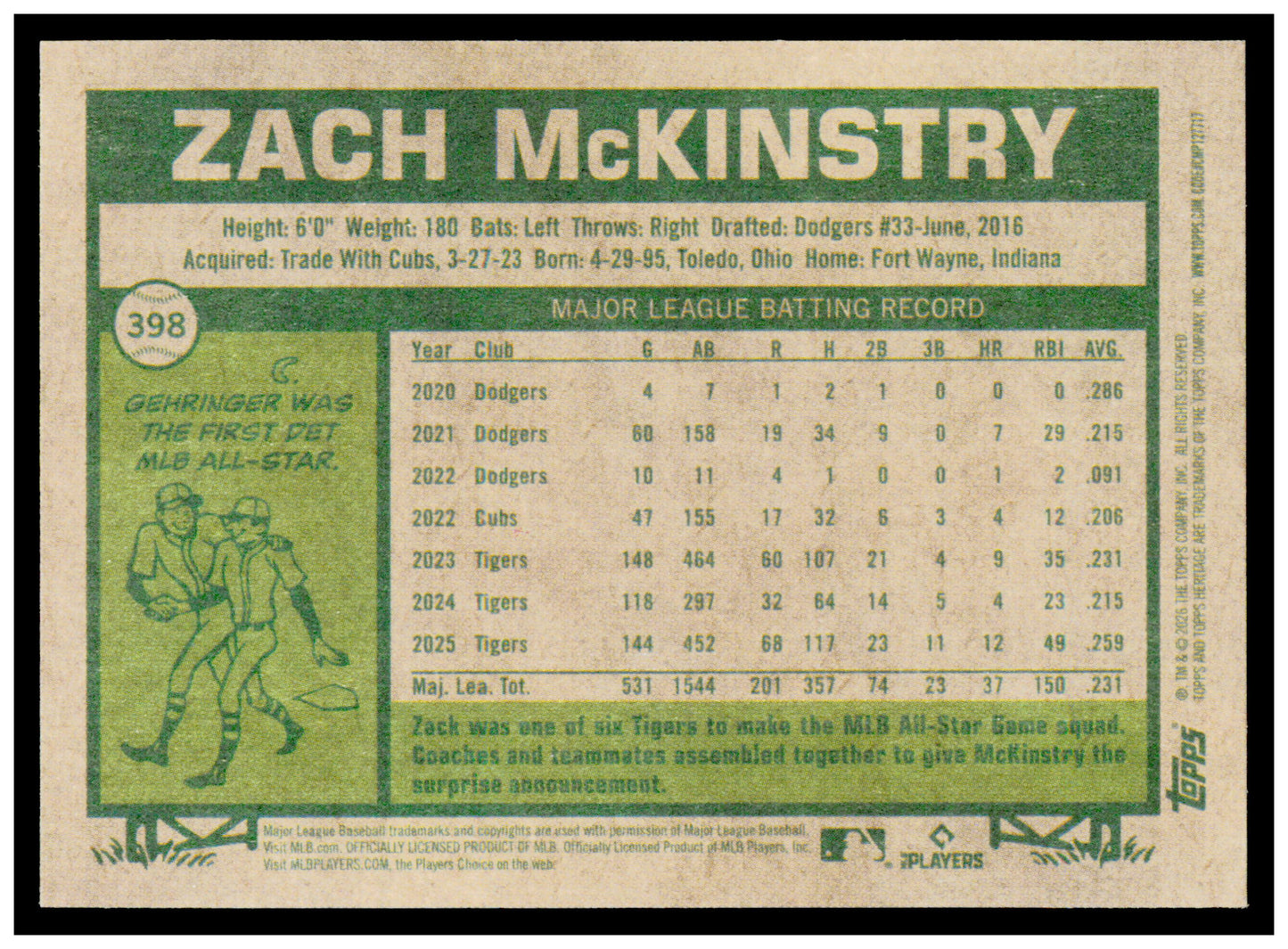 2026 Topps Heritage Zach McKinstry Card Detroit Tigers #398