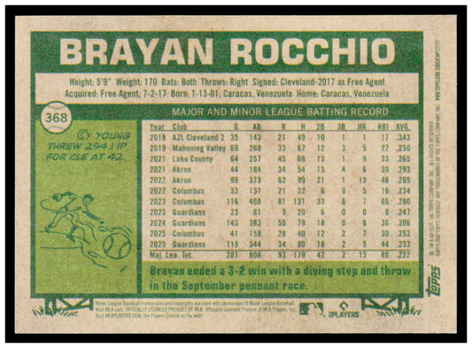 2026 Topps Heritage Brayan Rocchio Card Cleveland Guardians #368