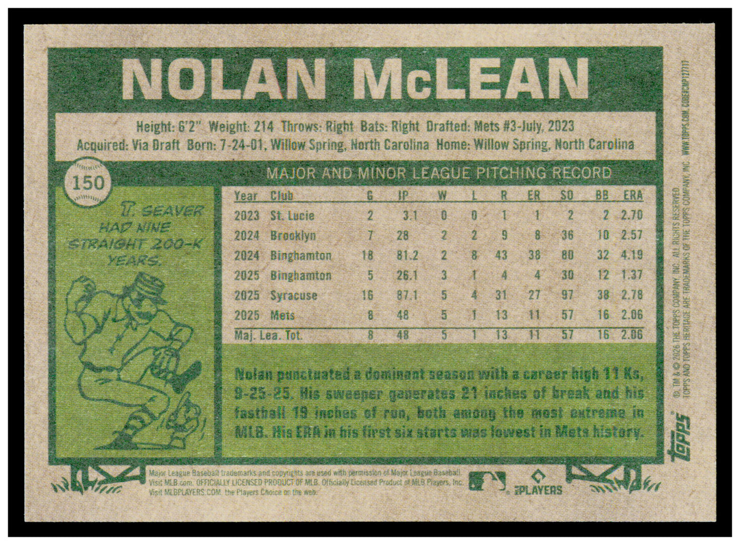 2026 Topps Heritage Nolan McLean Card RC New York Mets #150