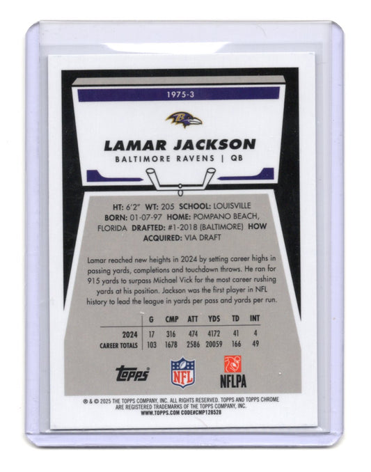 2025 Topps Chrome Lamar Jackson Card 1975 Topps Baltimore Ravens #1975-3