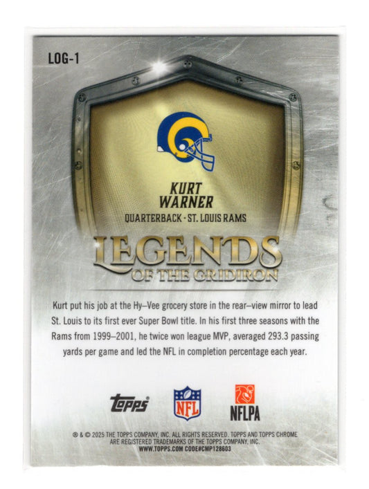2025 Topps Chrome Kurt Warner Card Legends of the Gridiron St. Louis Rams #LOG-1