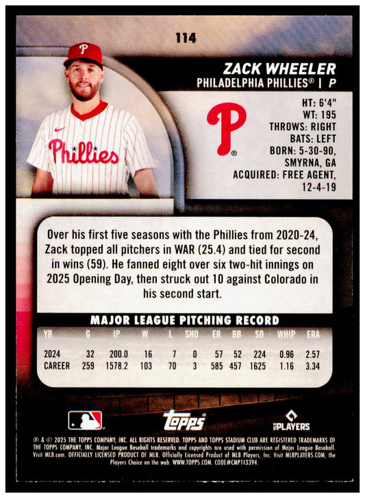 2025 Stadium Club Zack Wheeler Card Light Blue Foil Philadelphia Phillies #114