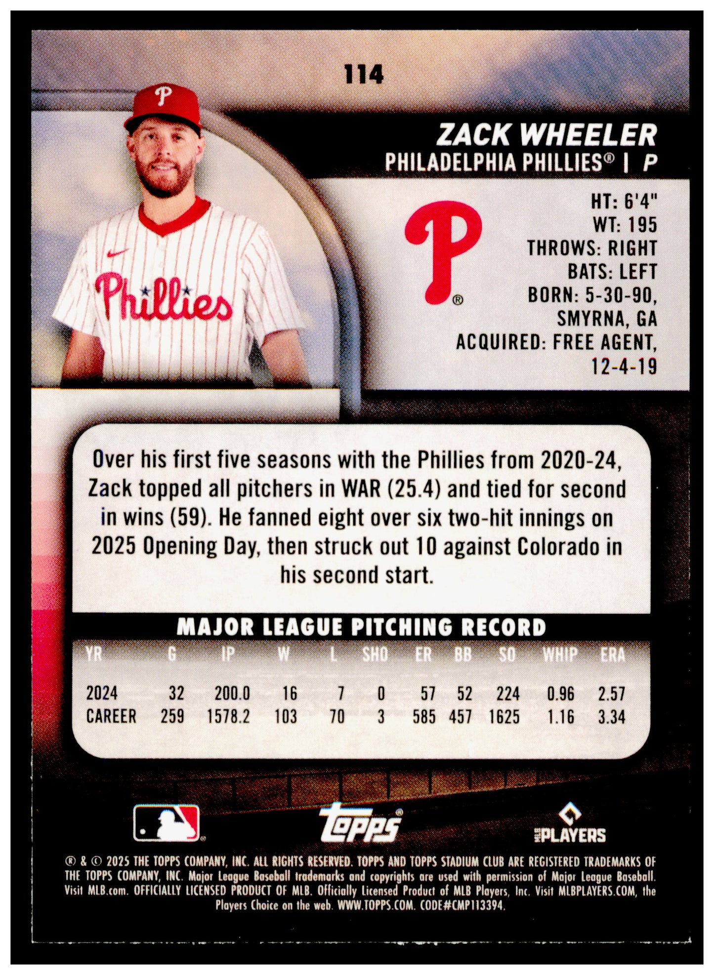 2025 Stadium Club Zack Wheeler Card Light Blue Foil Philadelphia Phillies #114