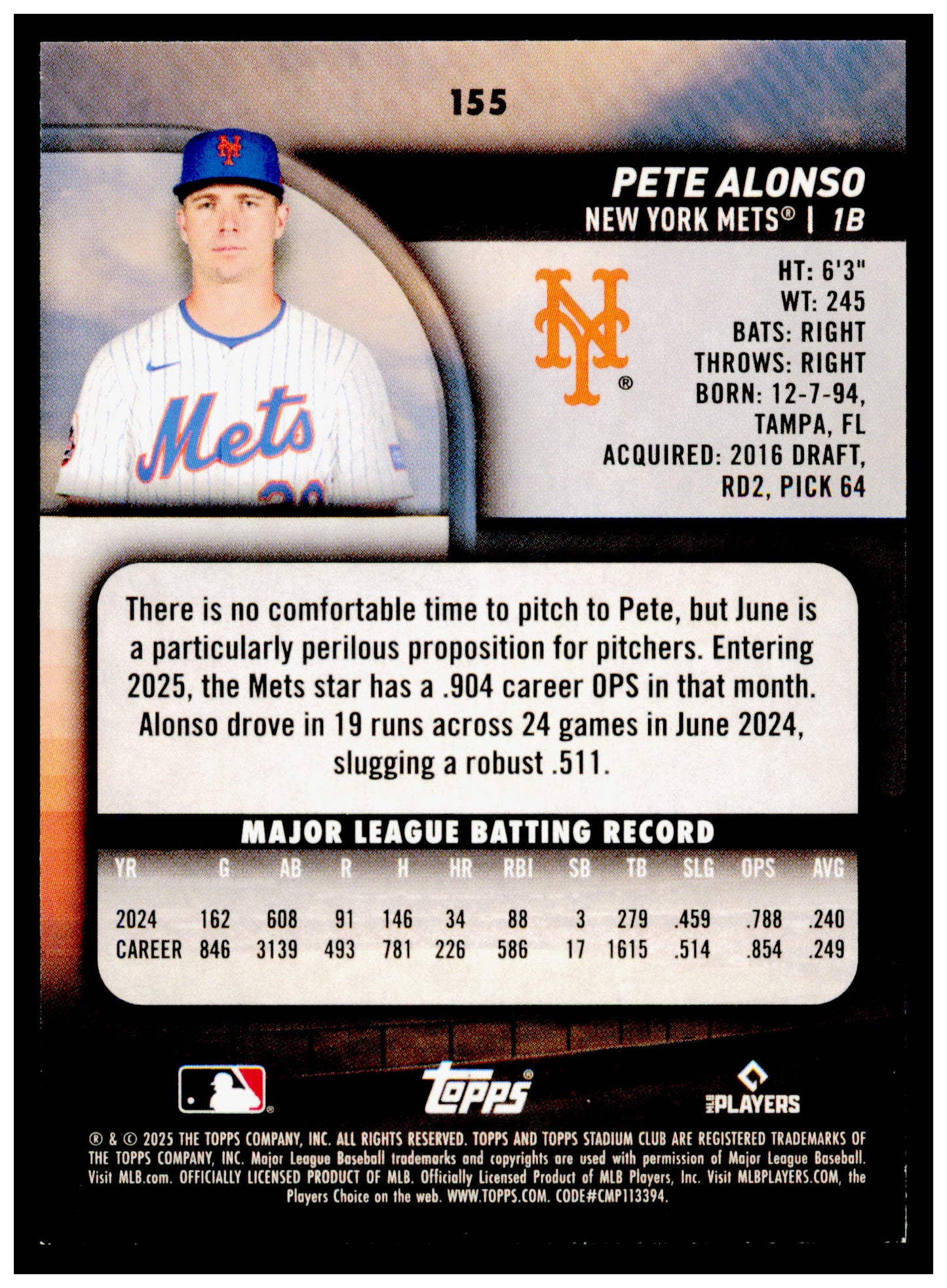 2025 Stadium Club Pete Alonso Card New York Mets #155