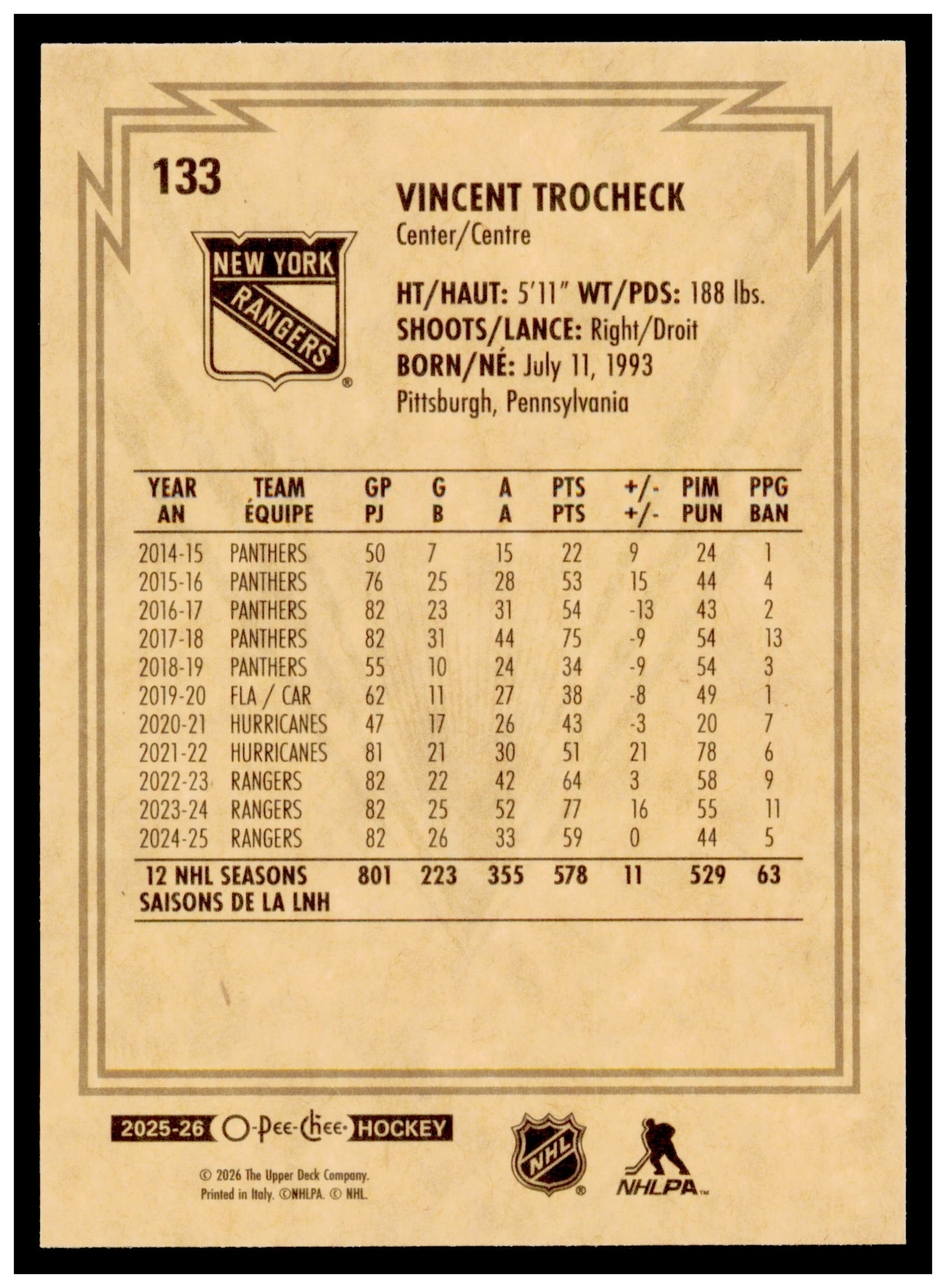 2025-26 O-Pee-Chee Vincent Trocheck Card Retro New York Rangers #133