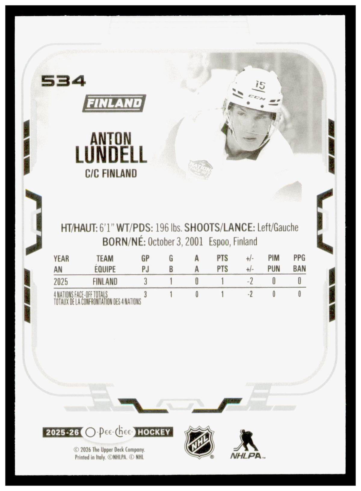 2025-26 O-Pee-Chee Anton Lundell Card Finland #534