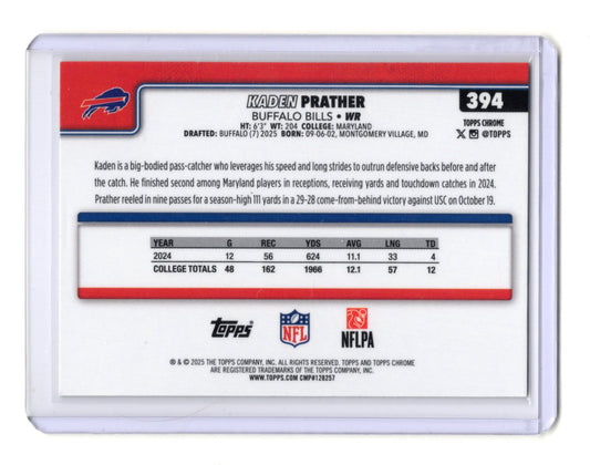 2025 Topps Chrome Kaden Prather Card Lime Green X-Fractor RC Buffalo Bills #394