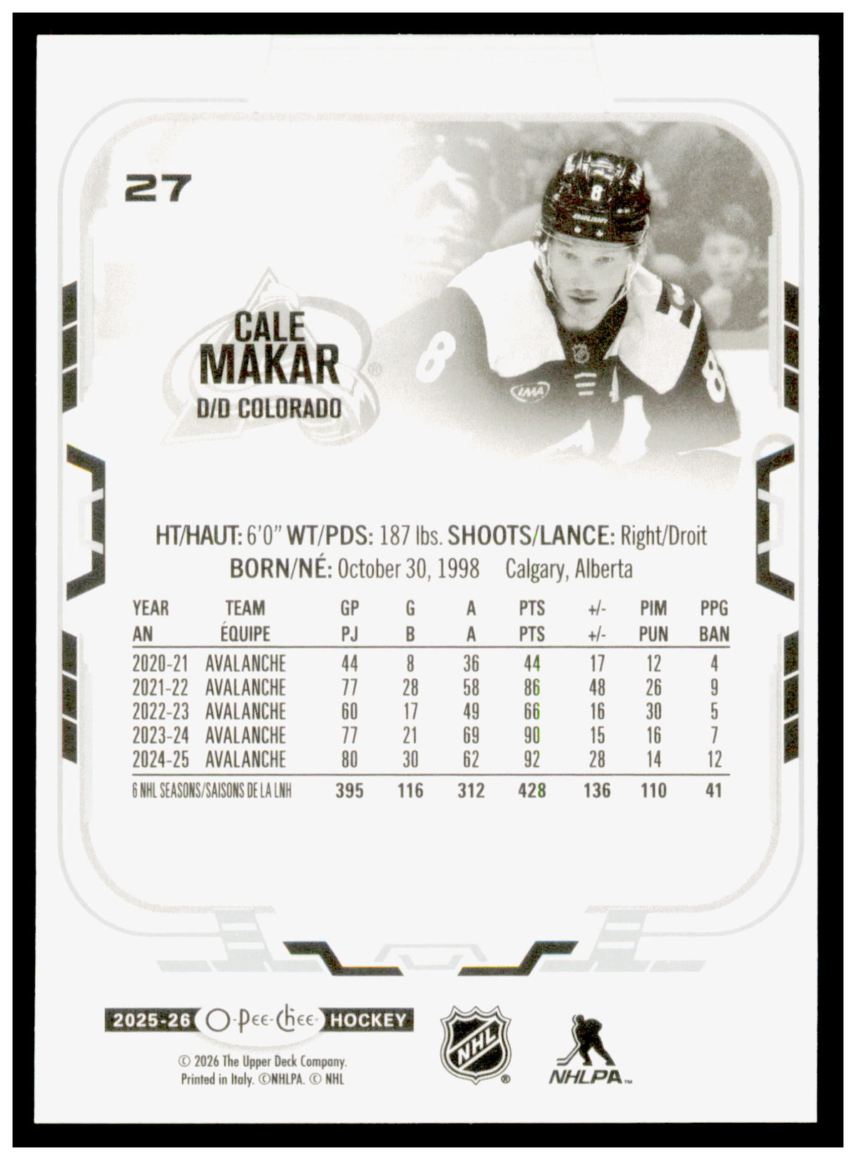 2025-26 O-Pee-Chee Cale Makar Card Colorado Avalanche #27