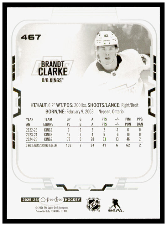2025-26 O-Pee-Chee Brandt Clarke Card Los Angeles Kings #467