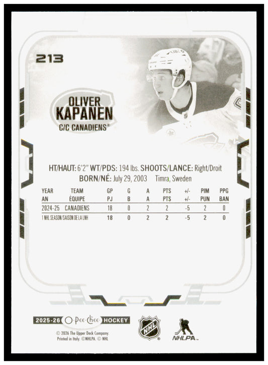 2025-26 O-Pee-Chee Oliver Kapanen Card Montreal Canadiens #213