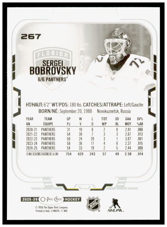 2025-26 O-Pee-Chee Sergei Bobrovsky Card Florida Panthers #267