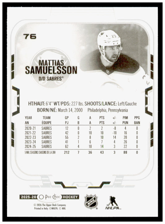 2025-26 O-Pee-Chee Mattias Samuelsson Card Buffalo Sabres #76