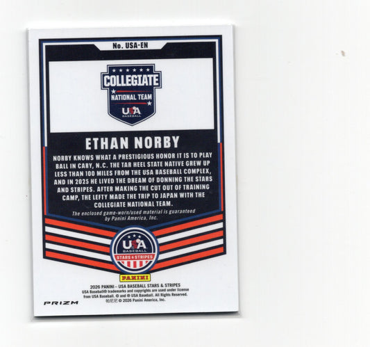 2026 Panini Stars & Stripes Prizm USA Baseball Ethan Norby Card USA Materials
