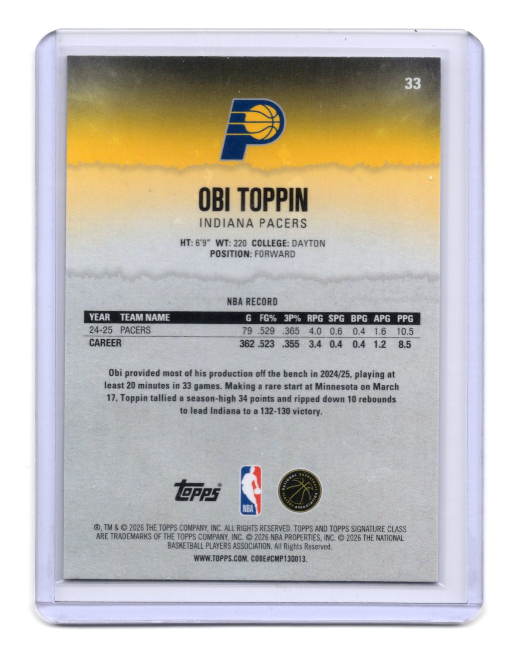 2025-26 Topps Signature Class Myles Turner Card Blue & Orange Pacers #92