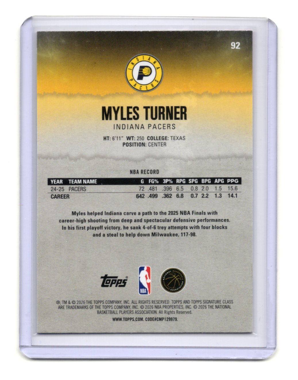 2025-26 Topps Signature Class Myles Turner Card Indiana Pacers #92