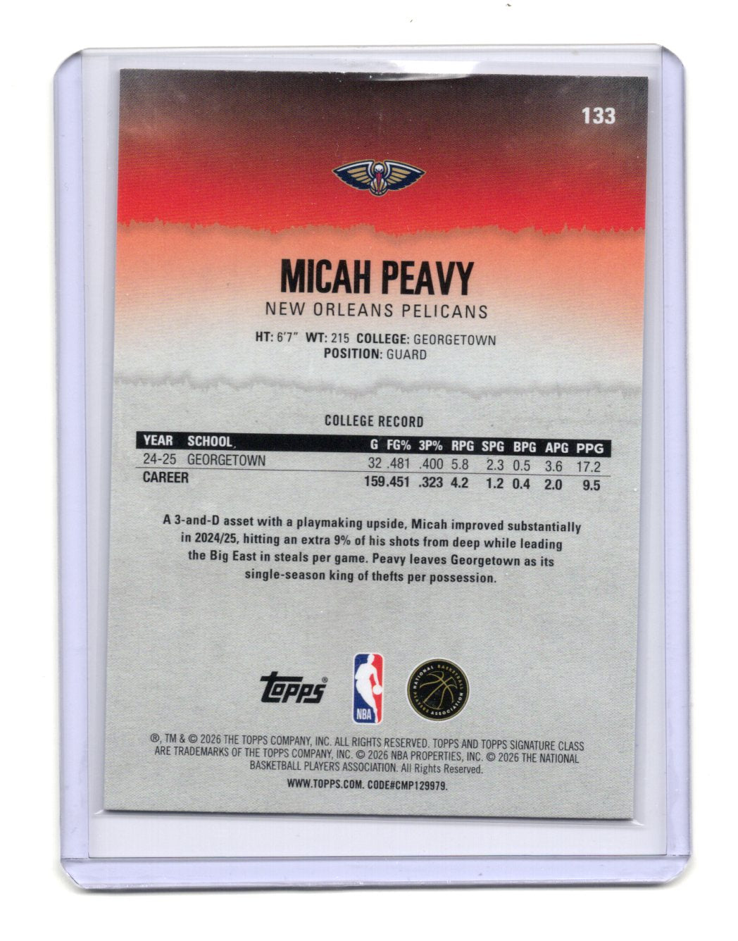 2025-26 Topps Signature Class Micah Peavy Card Blue & Orange RC Pelicans #133