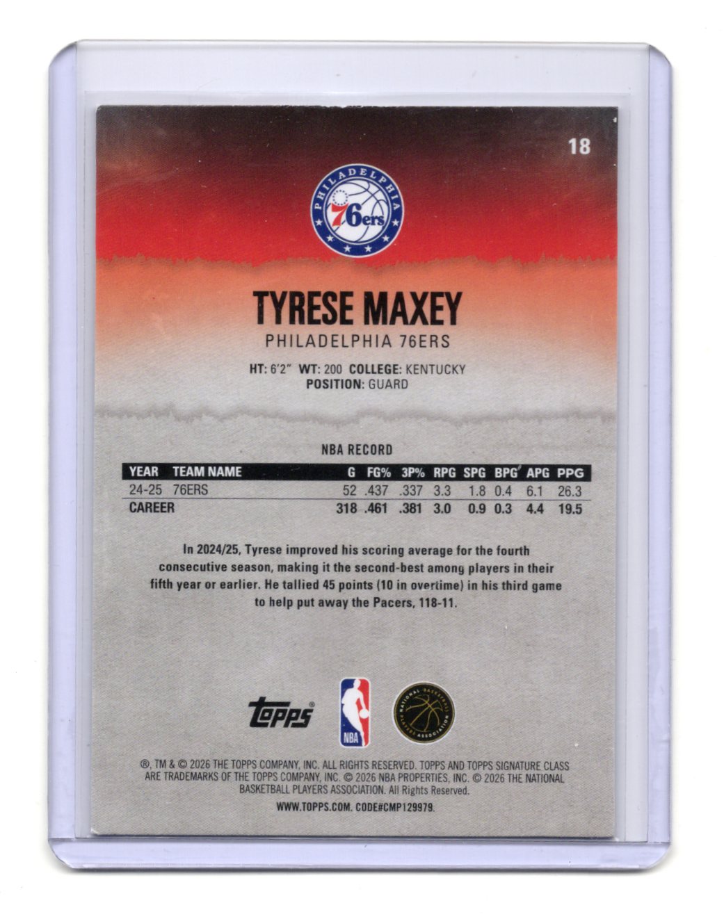 2025-26 Topps Signature Class Tyrese Maxey Card Chrome 76ers #18