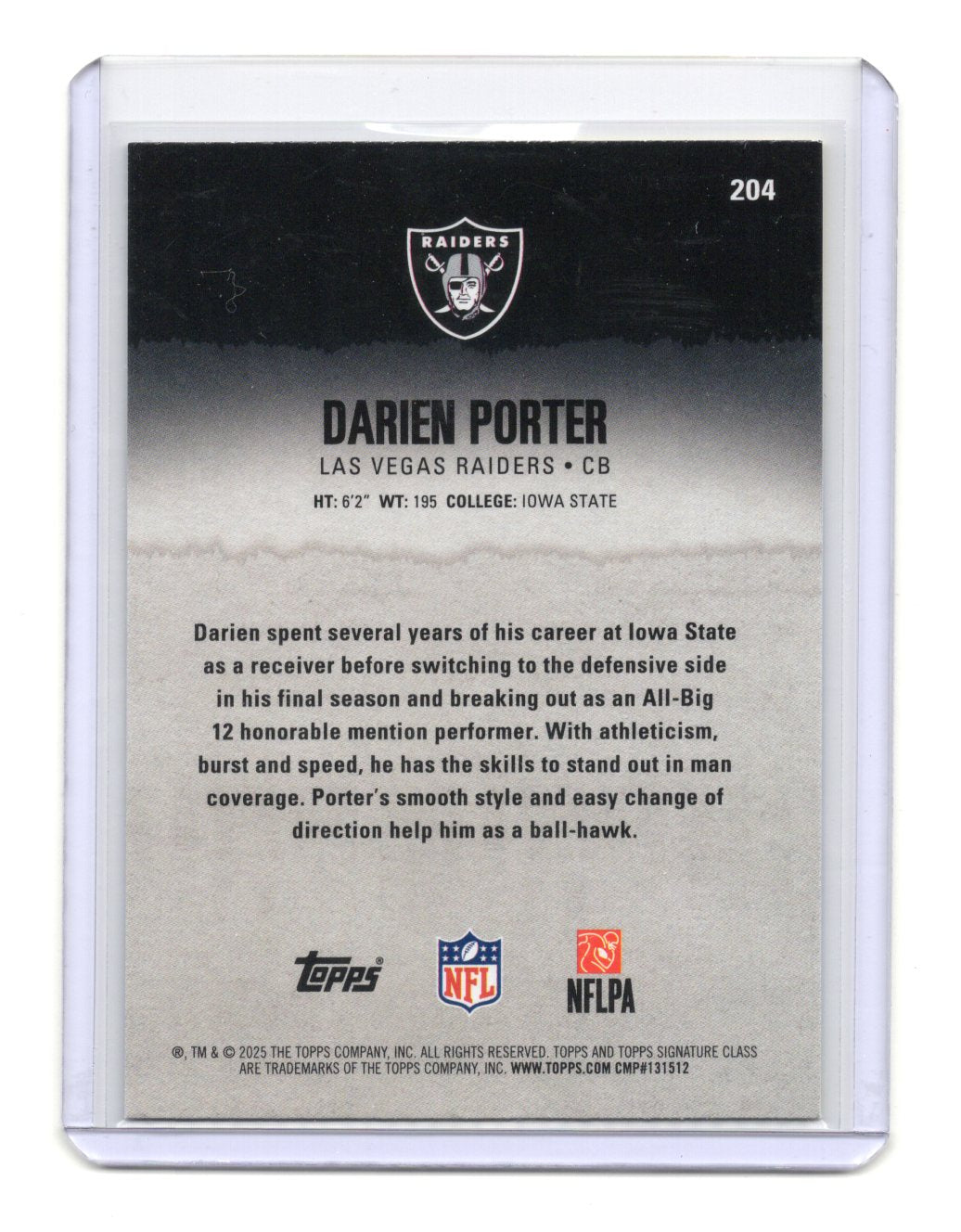 2025 Topps Signature Class Darien Porter Card Blue & Yellow RC Raiders #204