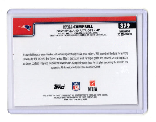 2025 Topps Chrome Will Campbell Card Pink X-Fractor RC Patriots #379