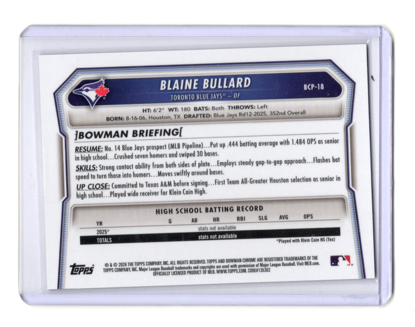 2026 Bowman Blaine Bullard Card Chrome Prospects Reptilian Toronto