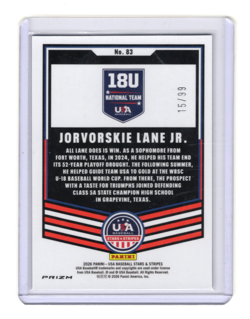 2026 Panini Stars & Stripes USA Baseball Jorvorskie Lane Jr. Blue Ice #/99