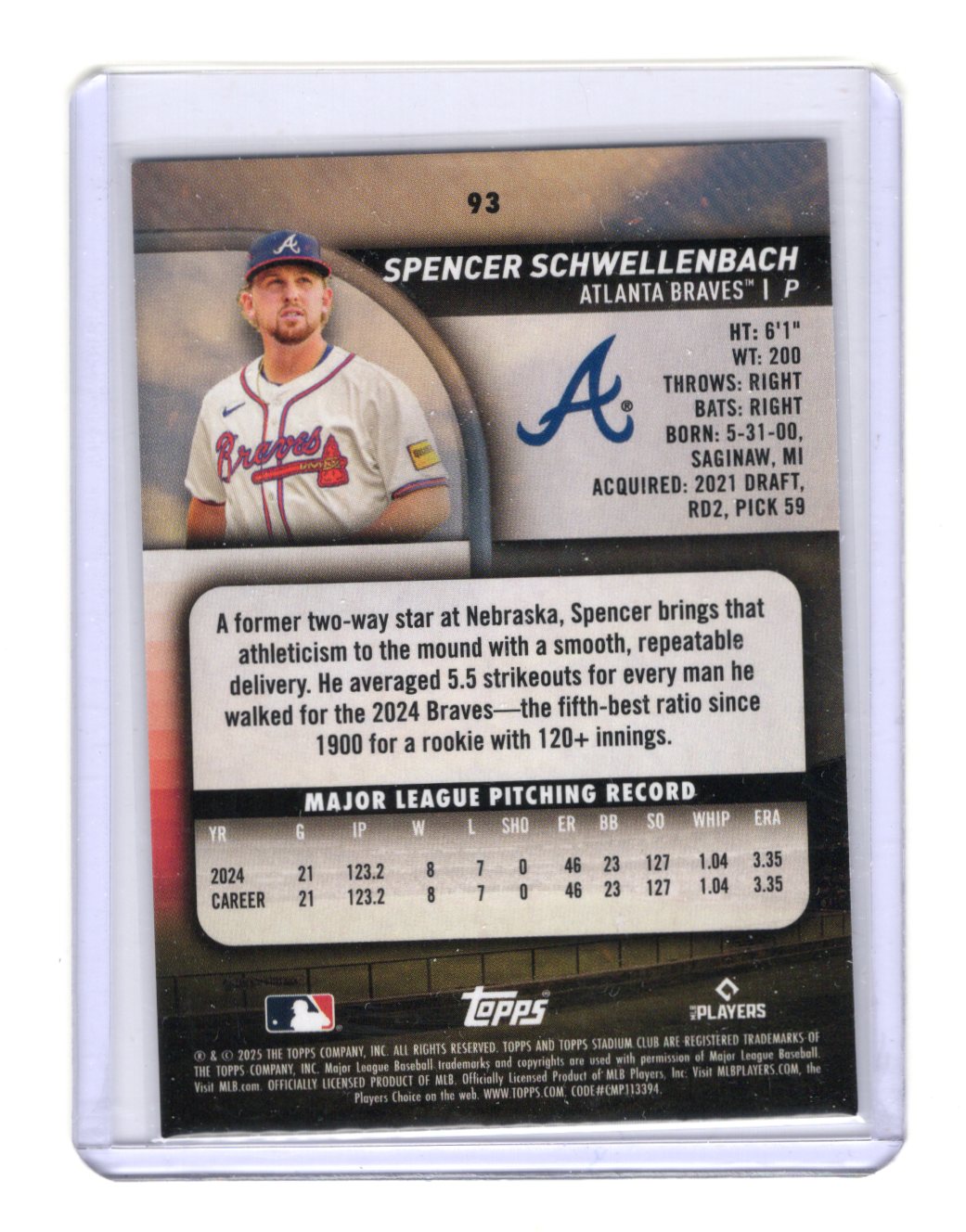 2025 Stadium Club Spencer Schwellenbach Card Atlanta Braves #93