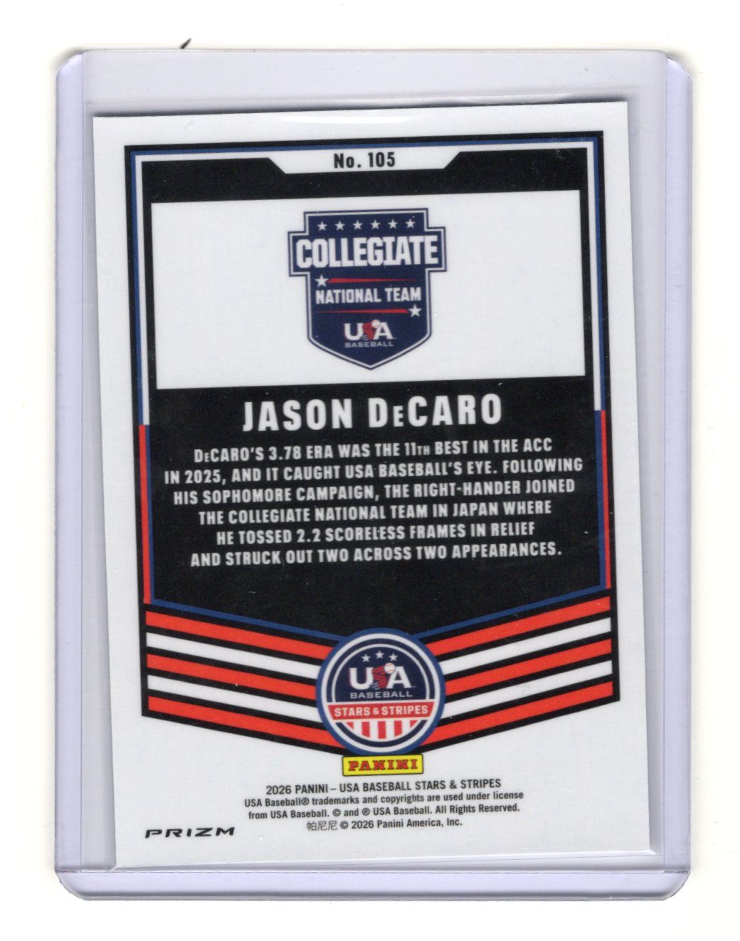 2026 Panini Stars & Stripes Prizm USA Baseball Jason DeCaro Card USA #105