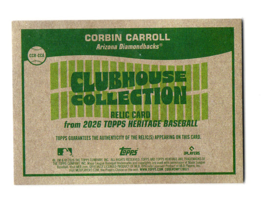 2026 Topps Heritage Corbin Carroll Card Clubhouse Collection Relics MEM Arizona