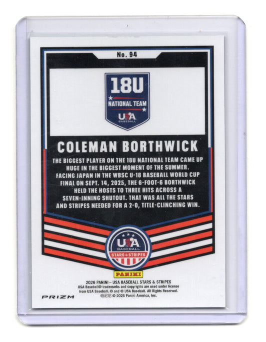 2026 Panini Stars & Stripes Prizm USA Baseball Coleman Borthwick Green USA #94