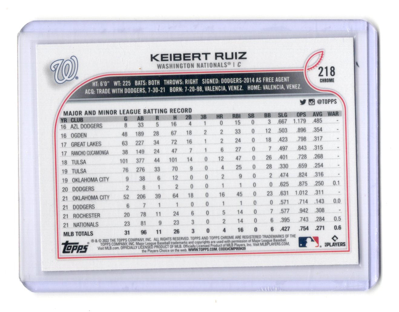2022 Topps Chrome Keibert Ruiz Card Washington Nationals #218