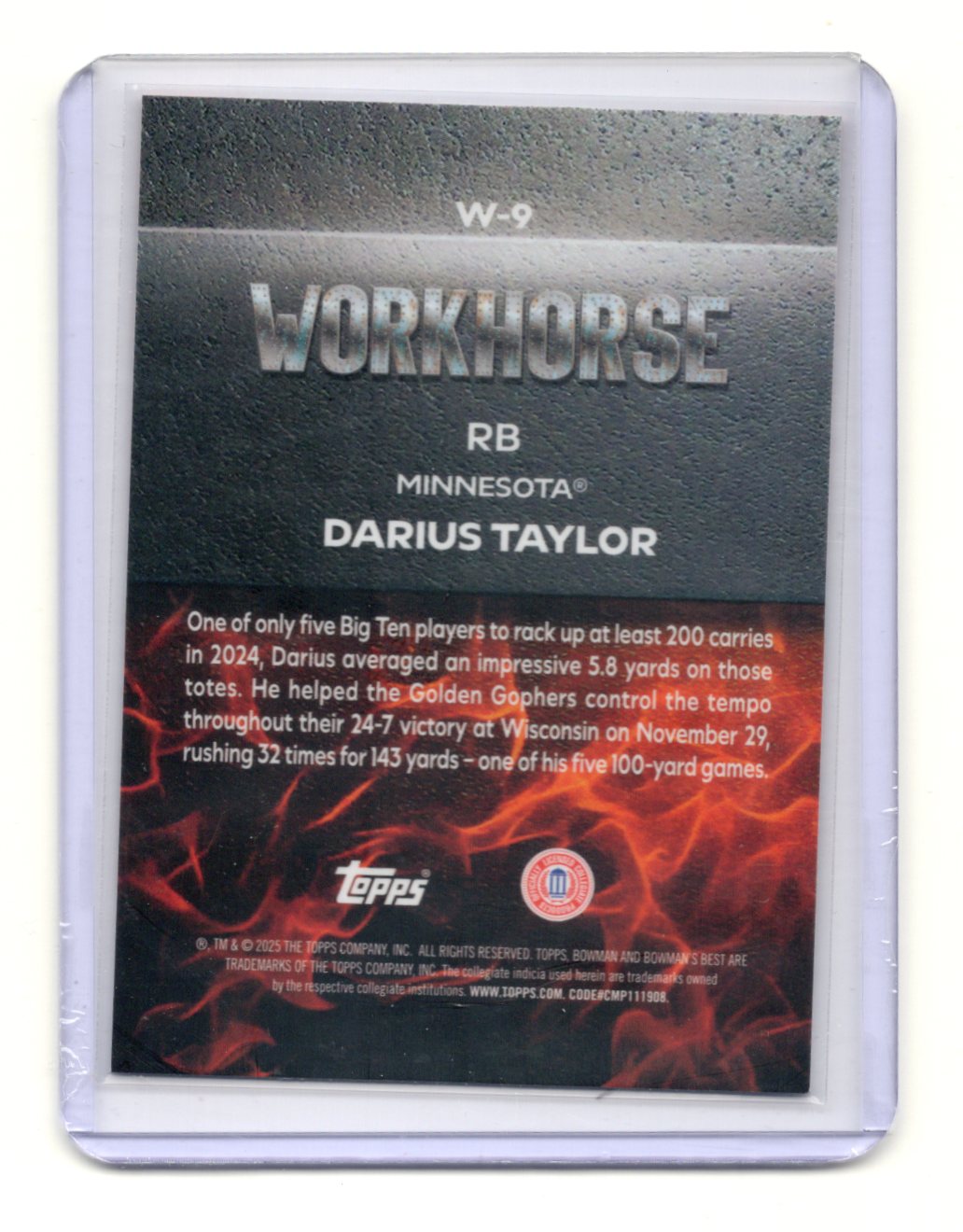 2025 Bowman University Best Darius Taylor Card Workhorse Golden Gophers