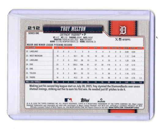 2026 Topps Troy Melton Card RC Detroit Tigers #212