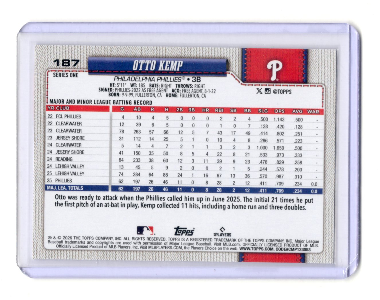 2026 Topps Otto Kemp Card RC Philadelphia Phillies #187