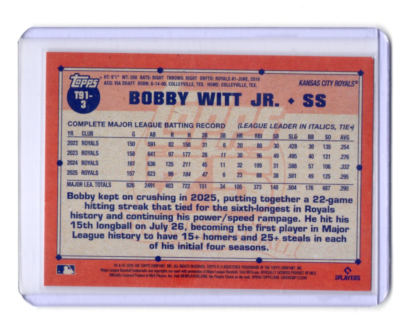 2026 Topps Bobby Witt Jr. Card 1991 Topps Baseball 35th Anniversary (Series One)