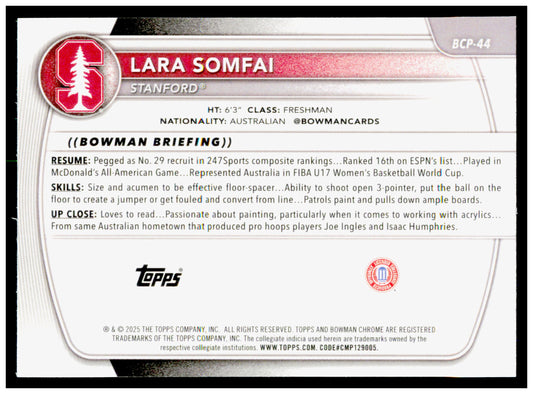 2025-26 Bowman Lara Somfai Card Chrome Prospects Stanford Cardinal #BCP-44