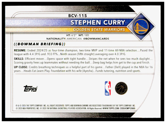 2025-26 Bowman Stephen Curry Card Chrome Golden State Warriors #BCV-115