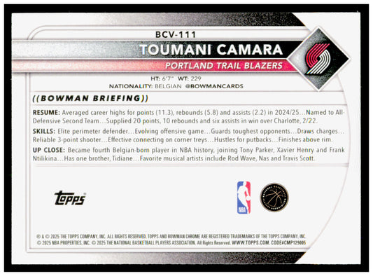 2025-26 Bowman Toumani Camara Card Chrome Portland Trail Blazers #BCV-111