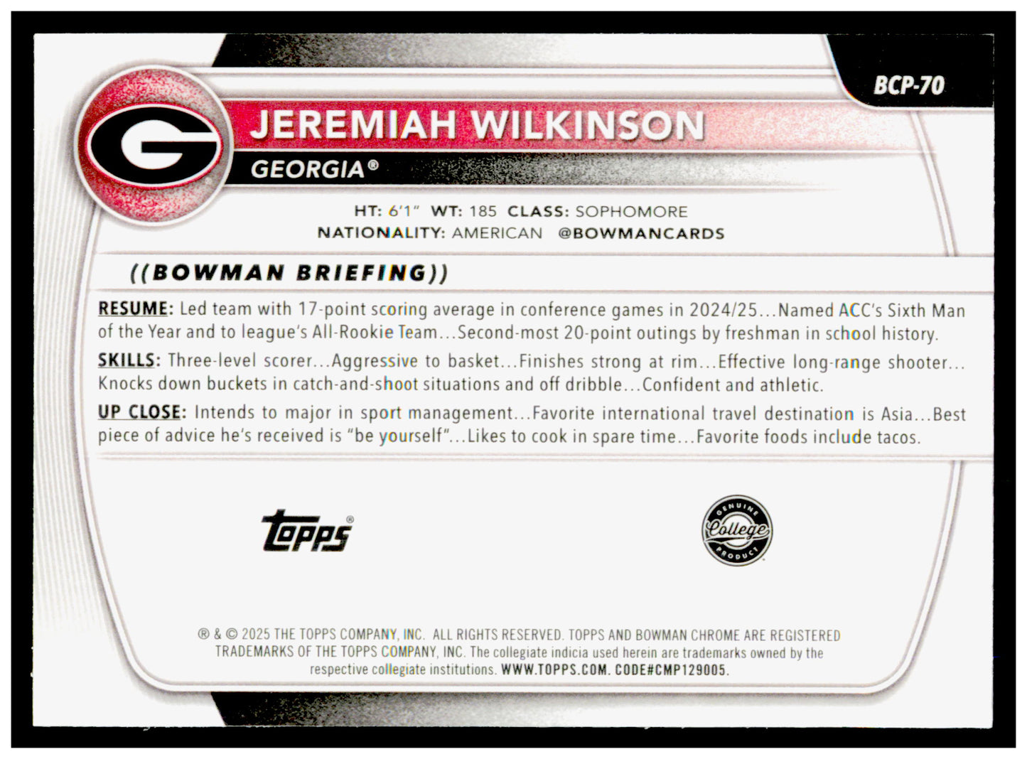 2025-26 Bowman Jeremiah Wilkinson Card Chrome Prospects Georgia Bulldogs #BCP-70