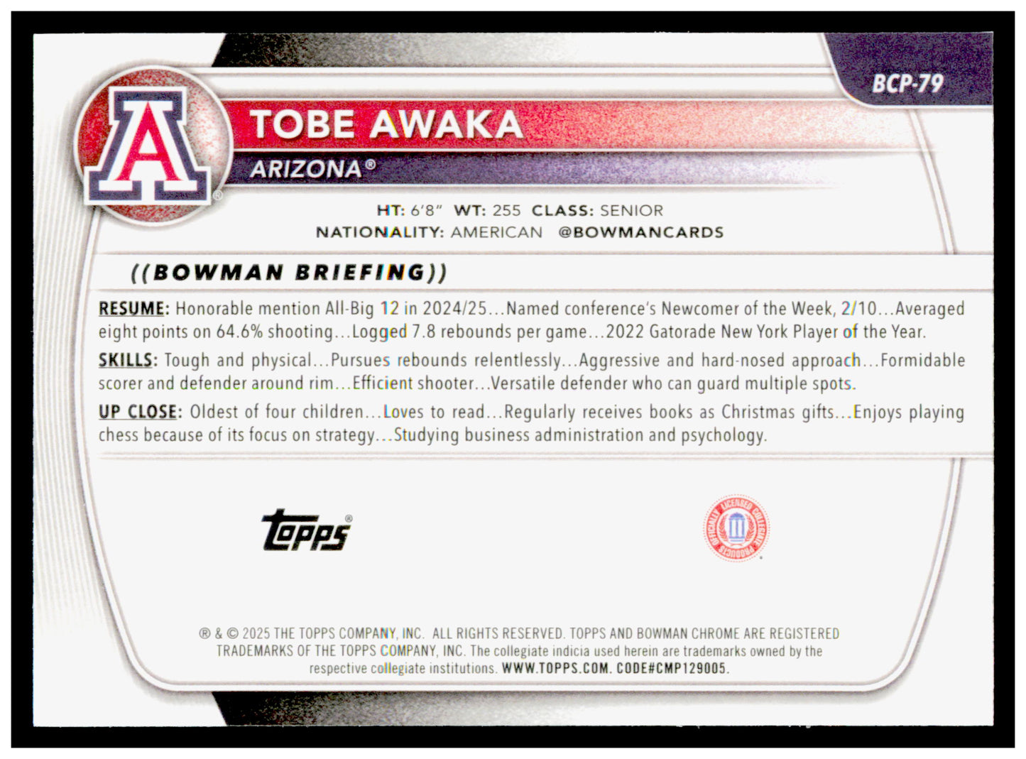 2025-26 Bowman Tobe Awaka Card Chrome Prospects Arizona Wildcats #BCP-79
