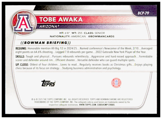 2025-26 Bowman Tobe Awaka Card Chrome Prospects Arizona Wildcats #BCP-79