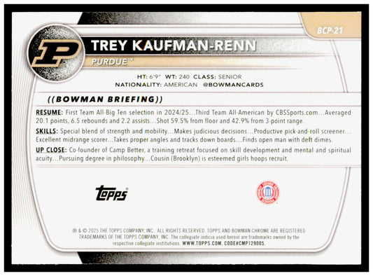 2025-26 Bowman Trey Kaufman-Renn Card Chrome Prospects Boilermakers #BCP-21