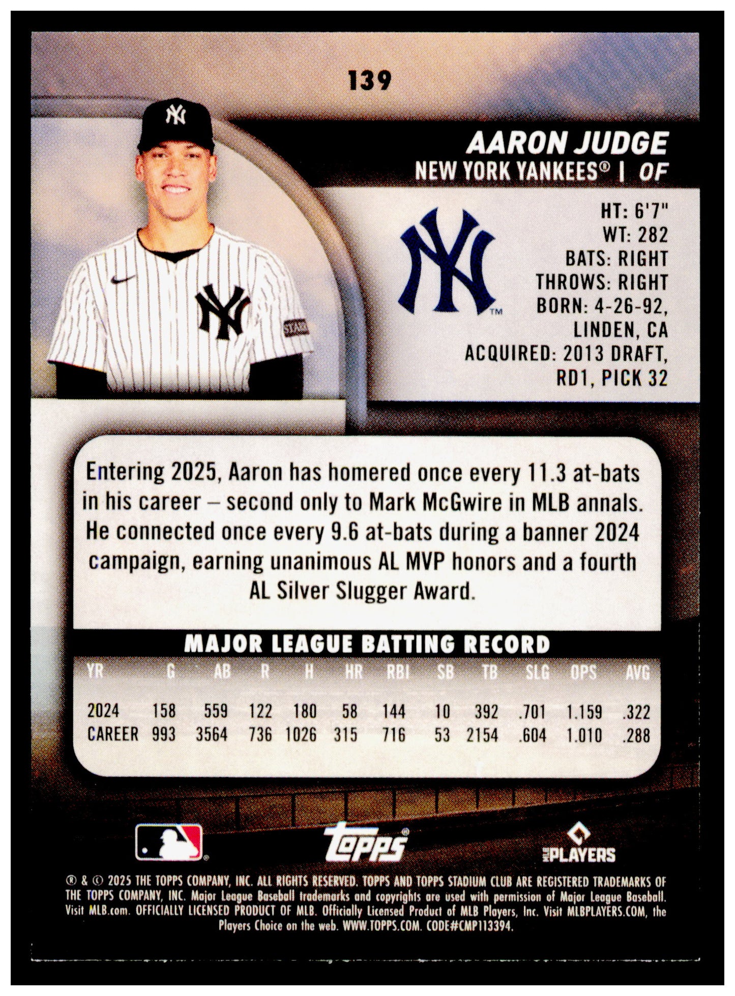 2025 Stadium Club Aaron Judge Card New York Yankees #139