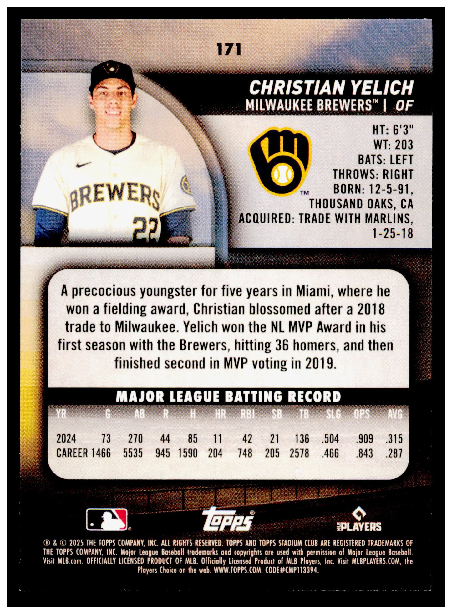 2025 Stadium Club Christian Yelich Card Milwaukee Brewers #171
